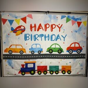 Cars And Trains Happy Birthday Backdrop Banner 7x5Ft(Large)